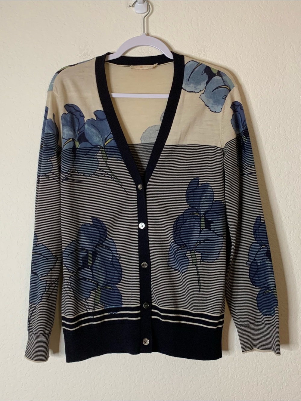 Tory Burch women’s merino wool floral button front cardigan L